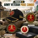 Indian Army Proudly Veteran Cap, Stickers, Patch & Pin Combo Pack