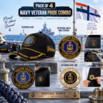 Indian Navy Proudly Veteran Cap, Stickers, Patch & Pin Combo Pack