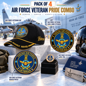 Indian Air Force Proudly Veteran Cap, Stickers, Patch & Pin Combo Pack